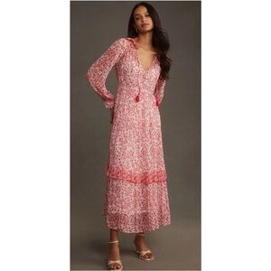 Anthropologie Pink and Red V-Neck Tiered Dress